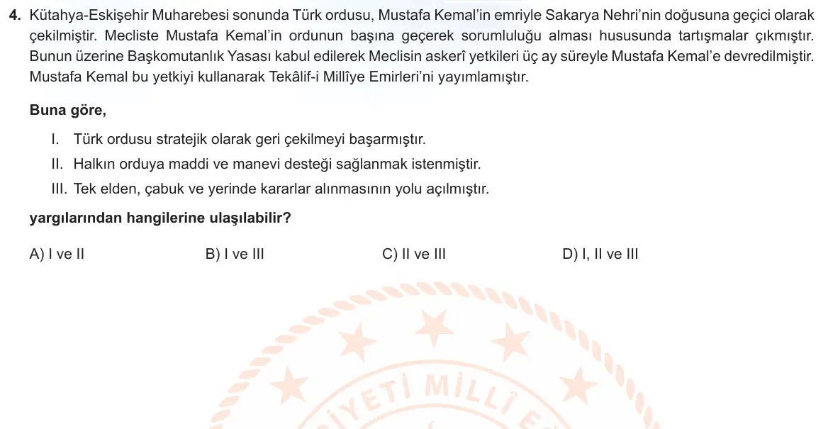 LGS Örnek Soruları Mart 2023 Sözel T.C. İnkılap Tarihi ve Atatürkçülük 4. Soru görseli