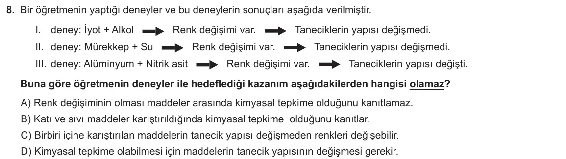 LGS Örnek Soruları Mayıs 2023 Sayısal Fen Bilimleri 8. Soru görseli