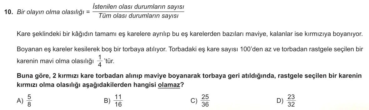 LGS Örnek Soruları Mayıs 2023 Sayısal Matematik 10. Soru görseli