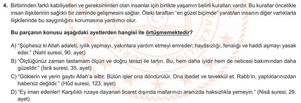 LGS Örnek Soruları Mayıs 2023 Sözel Din Kültürü ve Ahlak Bilgisi 4. Soru görseli