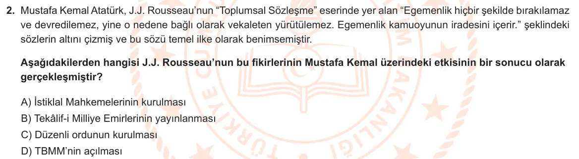 LGS Örnek Soruları Mayıs 2023 Sözel T.C. İnkılap Tarihi ve Atatürkçülük 2. Soru görseli