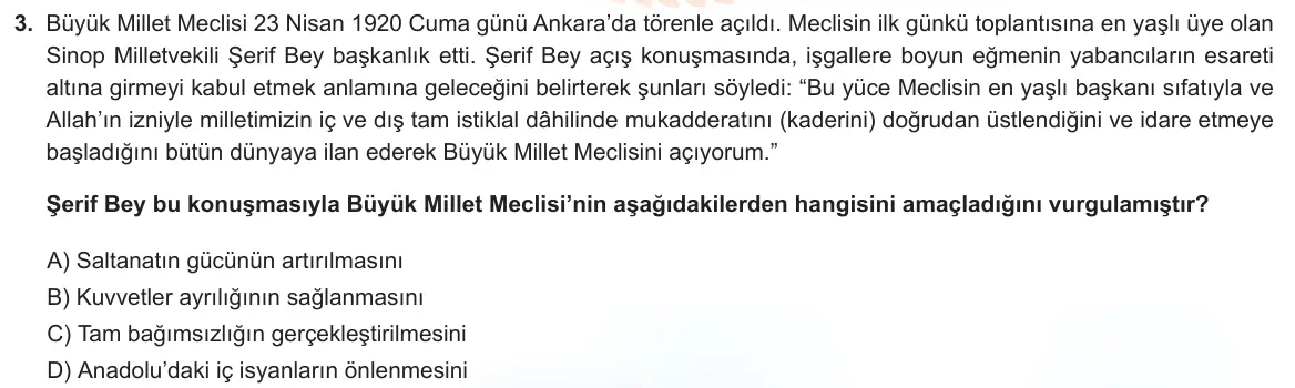 LGS Örnek Soruları Mayıs 2023 Sözel T.C. İnkılap Tarihi ve Atatürkçülük 3. Soru görseli