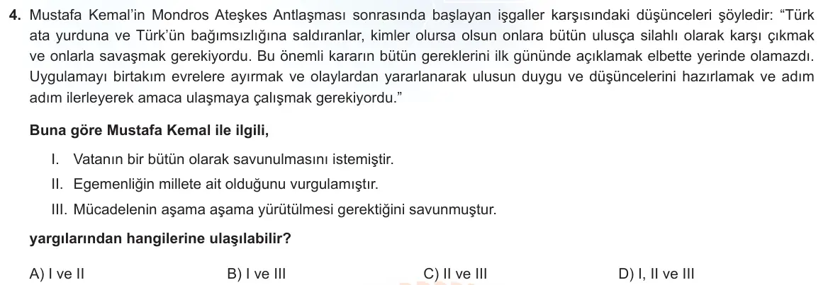 LGS Örnek Soruları Mayıs 2023 Sözel T.C. İnkılap Tarihi ve Atatürkçülük 4. Soru görseli