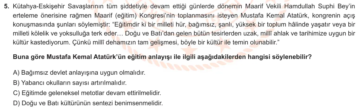LGS Örnek Soruları Mayıs 2023 Sözel T.C. İnkılap Tarihi ve Atatürkçülük 5. Soru görseli