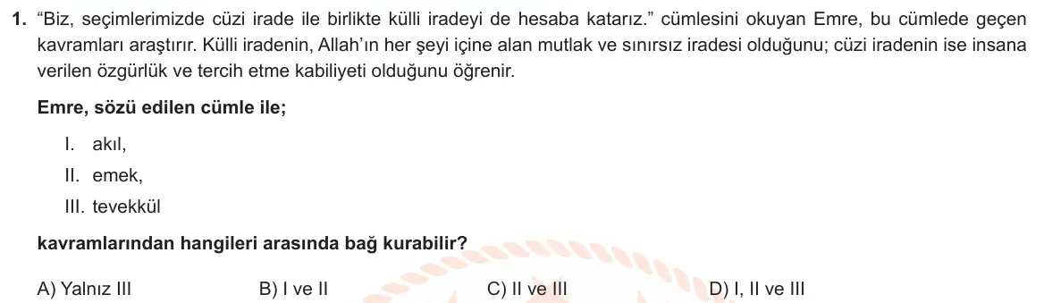 LGS Örnek Soruları Nisan 2023 Sözel Din Kültürü ve Ahlak Bilgisi 1. Soru görseli