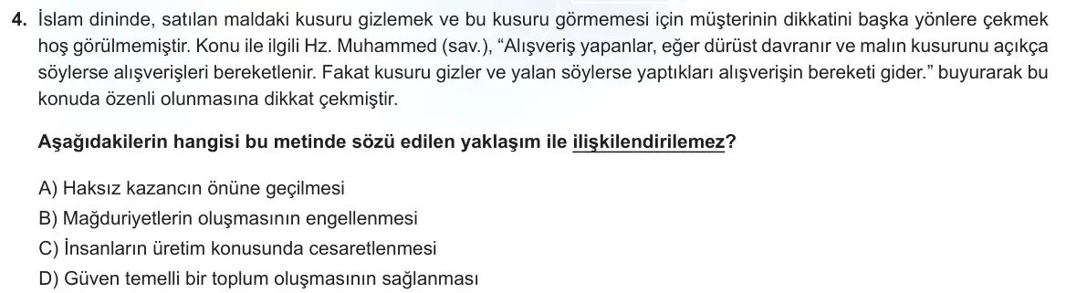 LGS Örnek Soruları Nisan 2023 Sözel Din Kültürü ve Ahlak Bilgisi 4. Soru görseli