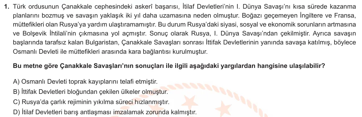 LGS Örnek Soruları Nisan 2023 Sözel T.C. İnkılap Tarihi ve Atatürkçülük 1. Soru görseli