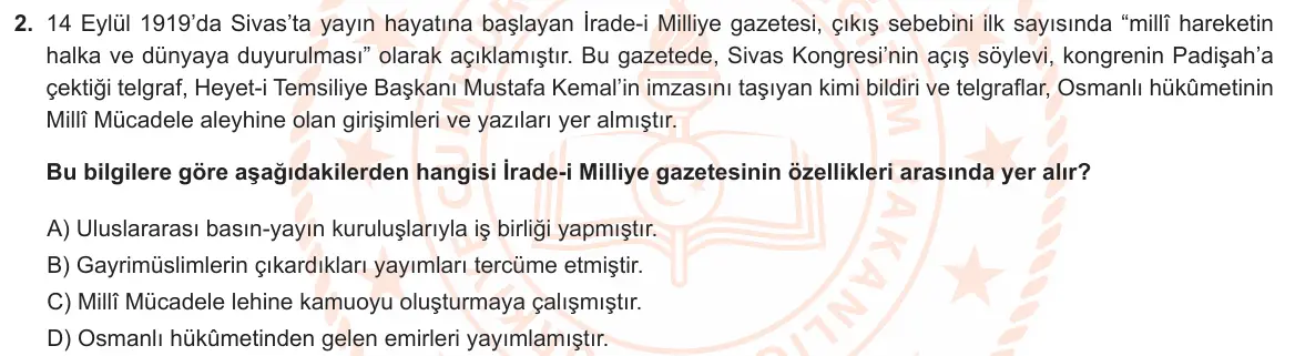 LGS Örnek Soruları Nisan 2023 Sözel T.C. İnkılap Tarihi ve Atatürkçülük 2. Soru görseli