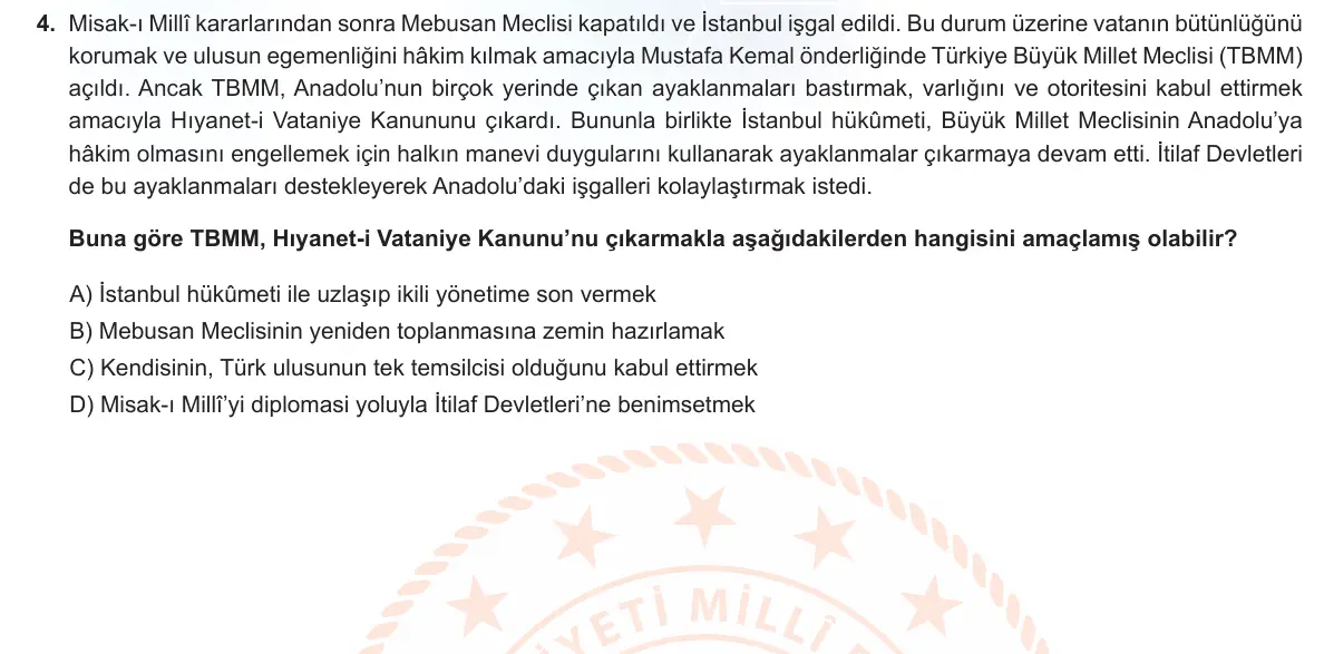 LGS Örnek Soruları Nisan 2023 Sözel T.C. İnkılap Tarihi ve Atatürkçülük 4. Soru görseli