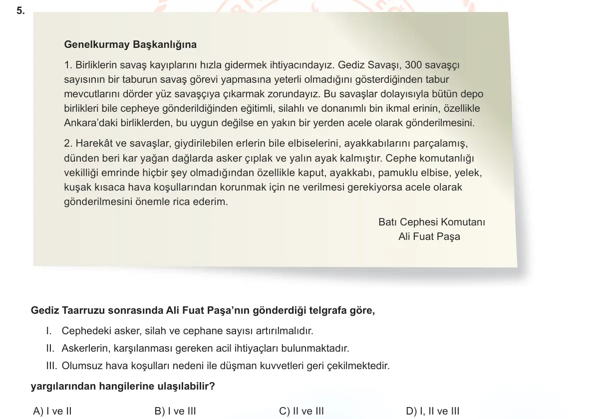 LGS Örnek Soruları Nisan 2023 Sözel T.C. İnkılap Tarihi ve Atatürkçülük 5. Soru görseli