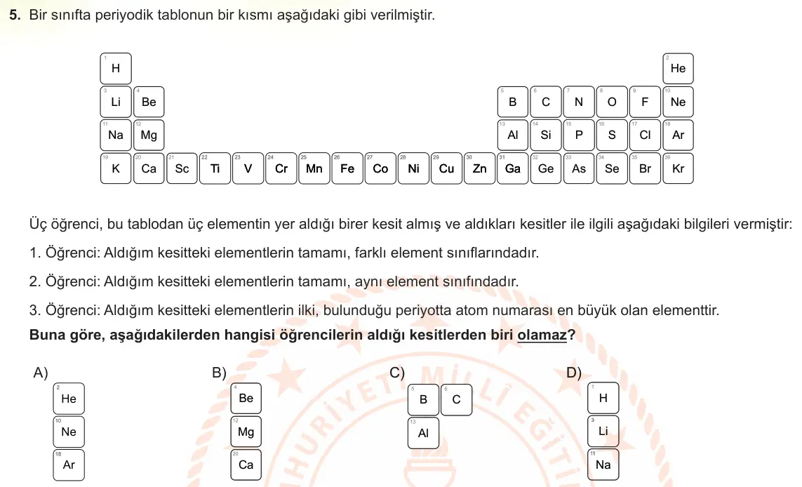 LGS Örnek Soruları Ocak 2023 Sayısal Fen Bilimleri 5. Soru görseli