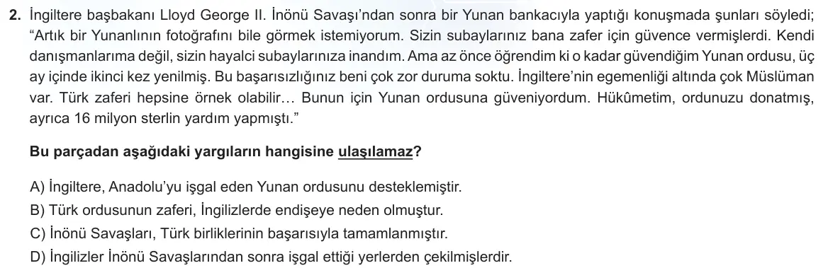 LGS Örnek Soruları Ocak 2023 Sözel T.C. İnkılap Tarihi ve Atatürkçülük 2. Soru görseli
