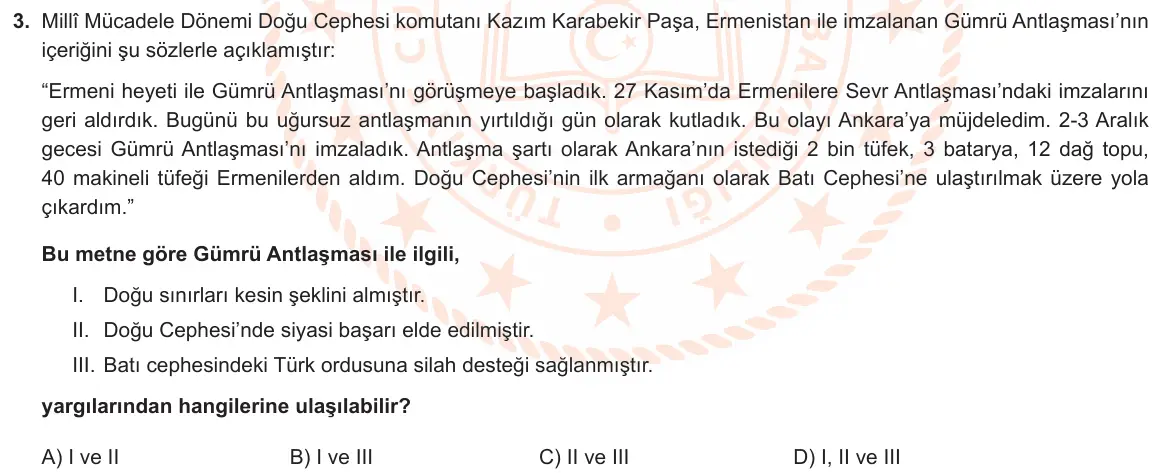LGS Örnek Soruları Ocak 2023 Sözel T.C. İnkılap Tarihi ve Atatürkçülük 3. Soru görseli