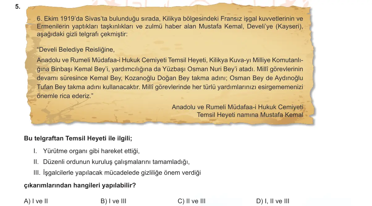 LGS Örnek Soruları Ocak 2023 Sözel T.C. İnkılap Tarihi ve Atatürkçülük 5. Soru görseli