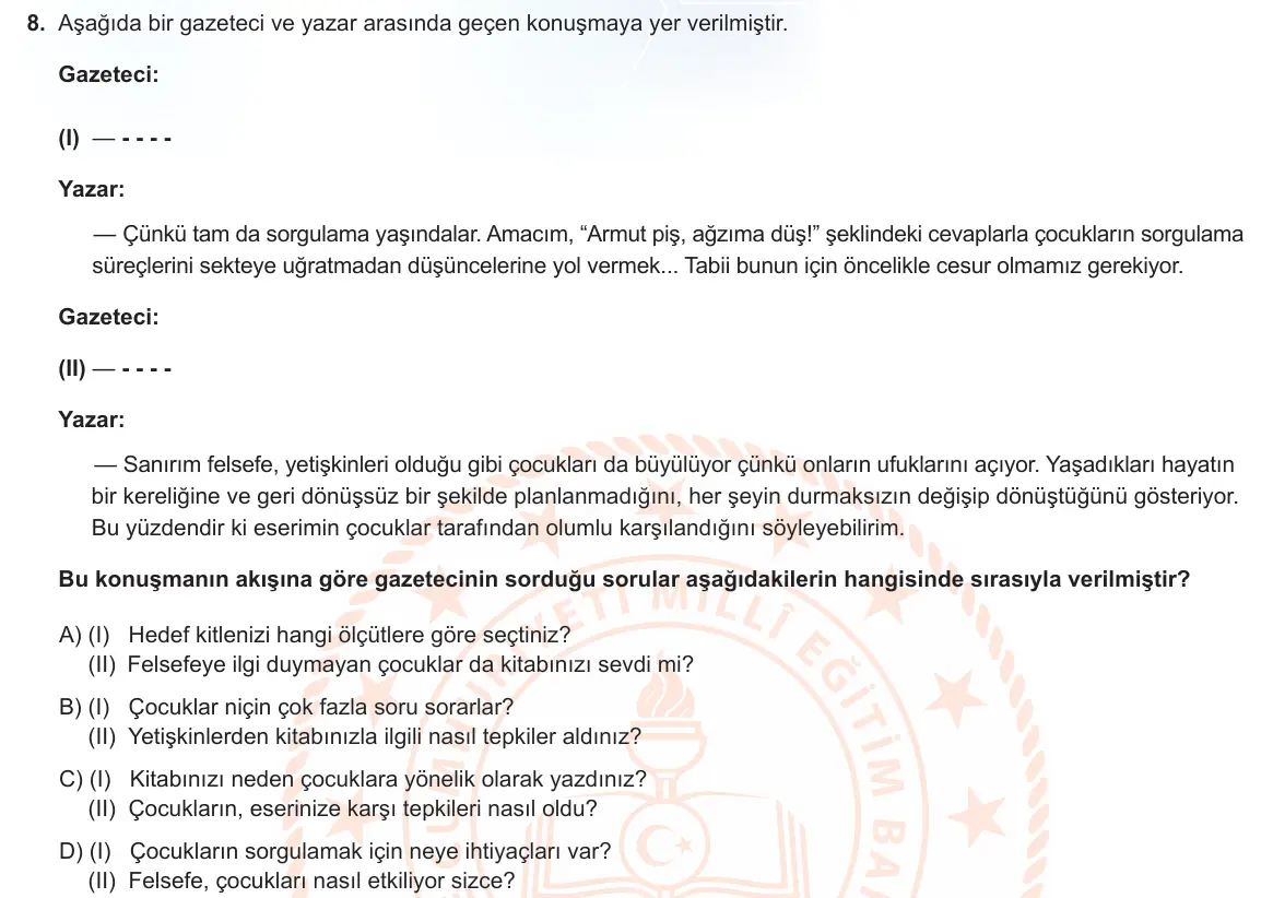 LGS Örnek Soruları Ocak 2023 Sözel Türkçe 8. Soru görseli