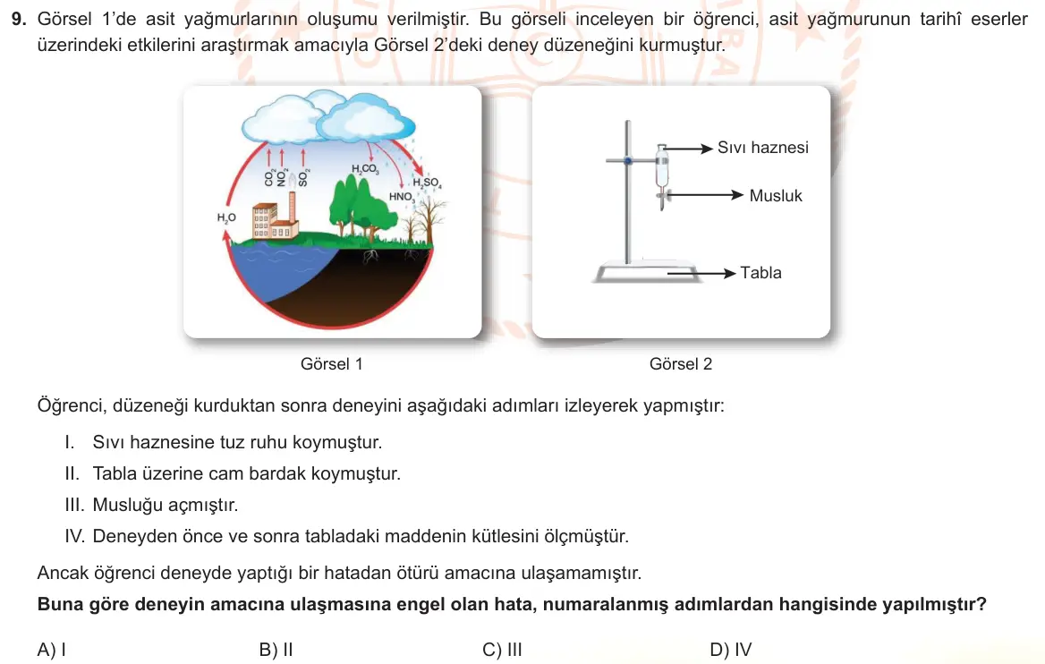 LGS Örnek Soruları Şubat 2023 Sayısal Fen Bilimleri 9. Soru görseli