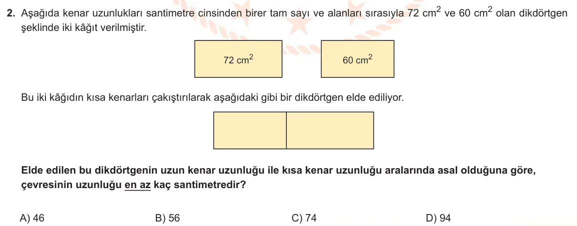 LGS Örnek Soruları Şubat 2023 Sayısal Matematik 2. Soru görseli