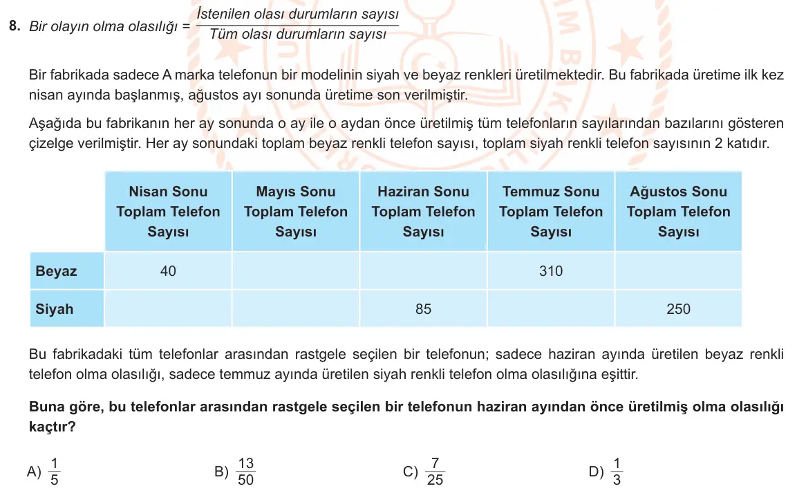 LGS Örnek Soruları Şubat 2023 Sayısal Matematik 8. Soru görseli