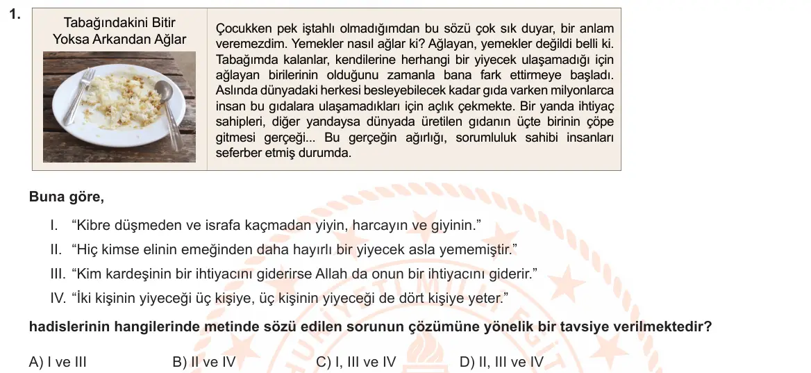 LGS Örnek Soruları Şubat 2023 Sözel Din Kültürü ve Ahlak Bilgisi 1. Soru görseli