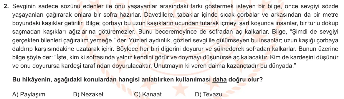 LGS Örnek Soruları Şubat 2023 Sözel Din Kültürü ve Ahlak Bilgisi 2. Soru görseli