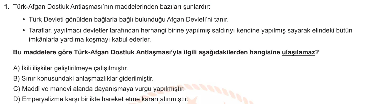 LGS Örnek Soruları Şubat 2023 Sözel T.C. İnkılap Tarihi ve Atatürkçülük 1. Soru görseli