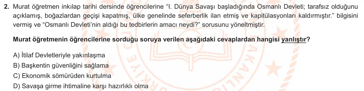 LGS Örnek Soruları Şubat 2023 Sözel T.C. İnkılap Tarihi ve Atatürkçülük 2. Soru görseli