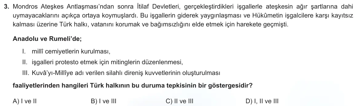LGS Örnek Soruları Şubat 2023 Sözel T.C. İnkılap Tarihi ve Atatürkçülük 3. Soru görseli