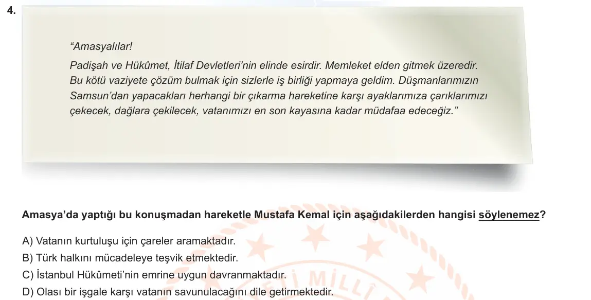 LGS Örnek Soruları Şubat 2023 Sözel T.C. İnkılap Tarihi ve Atatürkçülük 4. Soru görseli