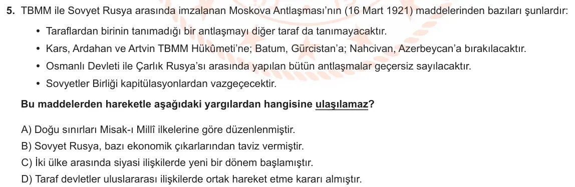 LGS Örnek Soruları Şubat 2023 Sözel T.C. İnkılap Tarihi ve Atatürkçülük 5. Soru görseli