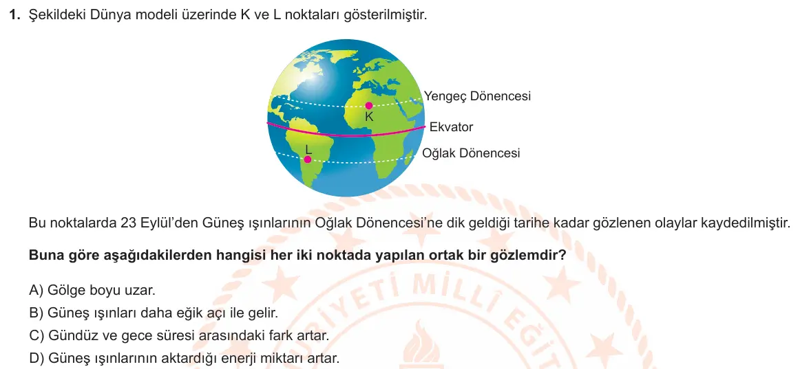 LGS Örnek Soruları Kasım 2023 Sayısal Fen Bilimleri 1. Soru görseli