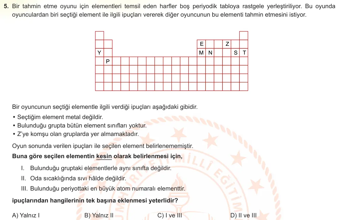 LGS Örnek Soruları Kasım 2023 Sayısal Fen Bilimleri 5. Soru görseli