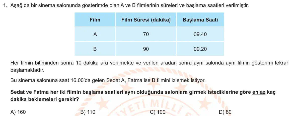 LGS Örnek Soruları Kasım 2023 Sayısal Matematik 1. Soru görseli