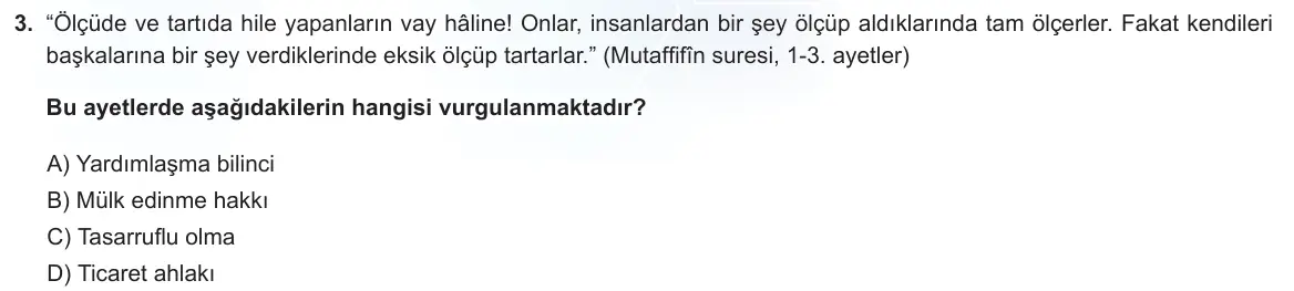 LGS Örnek Soruları Kasım 2023 Sözel Din Kültürü ve Ahlak Bilgisi 3. Soru görseli