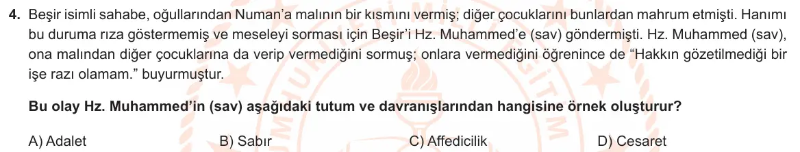 LGS Örnek Soruları Kasım 2023 Sözel Din Kültürü ve Ahlak Bilgisi 4. Soru görseli