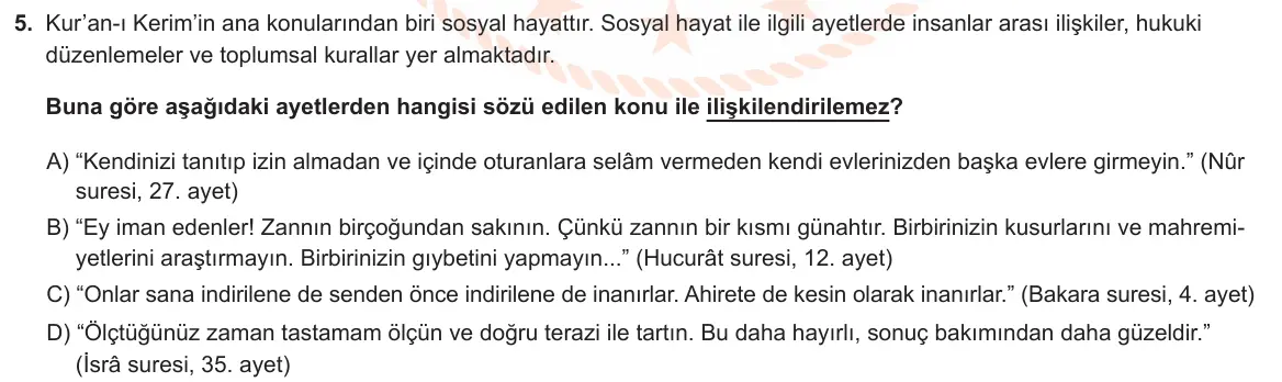LGS Örnek Soruları Kasım 2023 Sözel Din Kültürü ve Ahlak Bilgisi 5. Soru görseli