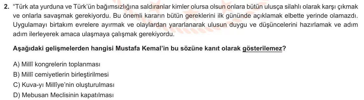 LGS Örnek Soruları Kasım 2023 Sözel T.C. İnkılap Tarihi ve Atatürkçülük 2. Soru görseli