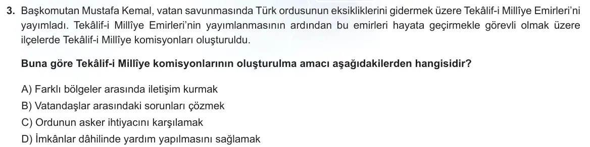 LGS Örnek Soruları Kasım 2023 Sözel T.C. İnkılap Tarihi ve Atatürkçülük 3. Soru görseli