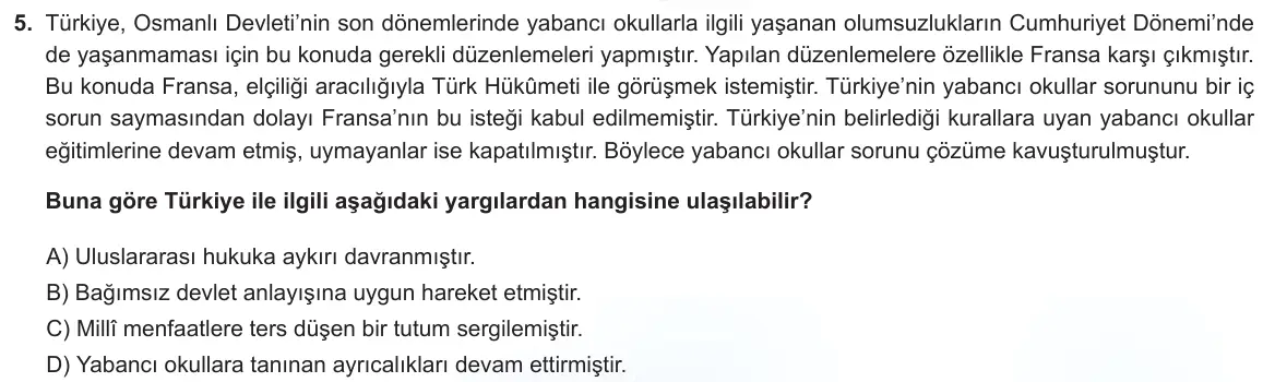 LGS Örnek Soruları Kasım 2023 Sözel T.C. İnkılap Tarihi ve Atatürkçülük 5. Soru görseli