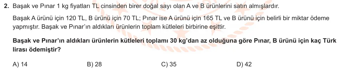 LGS Örnek Soruları Nisan 2024 Sayısal Matematik 2. Soru görseli