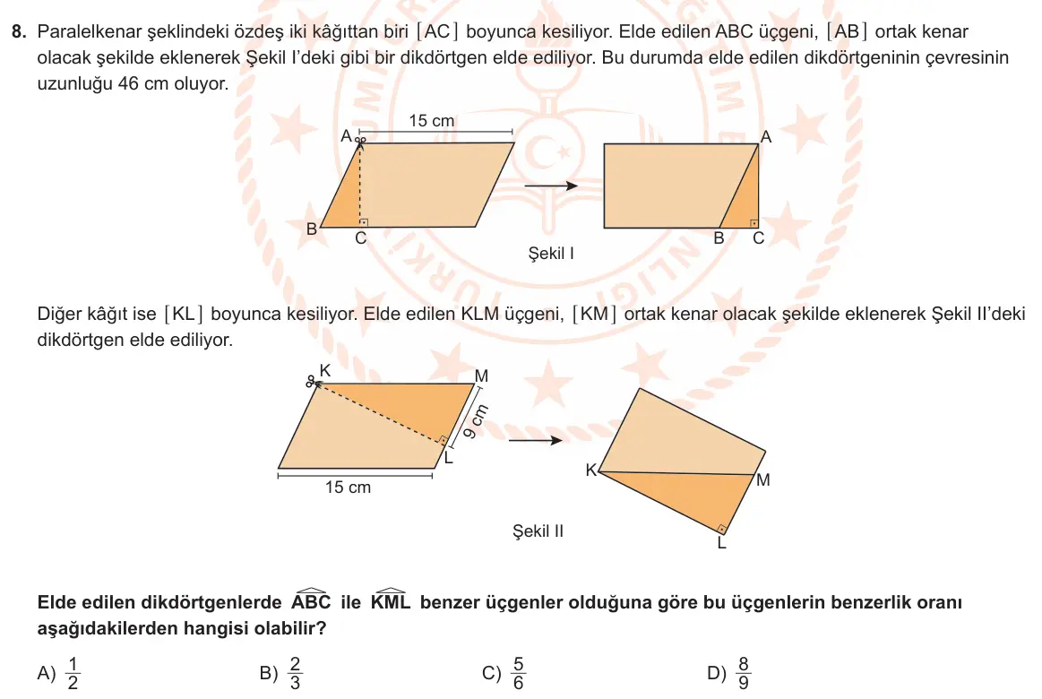 LGS Örnek Soruları Nisan 2024 Sayısal Matematik 8. Soru görseli