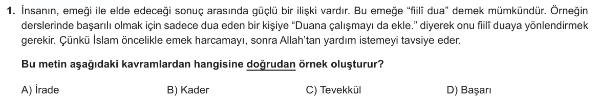 LGS Örnek Soruları Nisan 2024 Sözel Din Kültürü ve Ahlak Bilgisi 1. Soru görseli