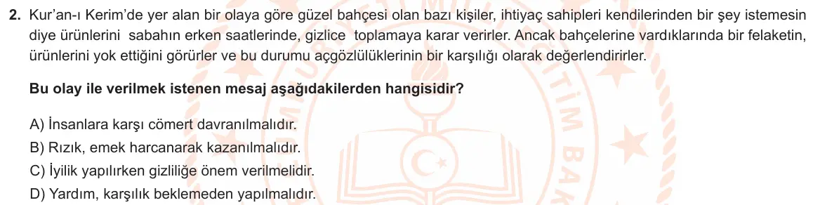 LGS Örnek Soruları Nisan 2024 Sözel Din Kültürü ve Ahlak Bilgisi 2. Soru görseli