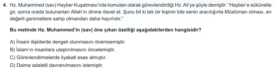 LGS Örnek Soruları Nisan 2024 Sözel Din Kültürü ve Ahlak Bilgisi 4. Soru görseli