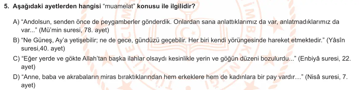 LGS Örnek Soruları Nisan 2024 Sözel Din Kültürü ve Ahlak Bilgisi 5. Soru görseli
