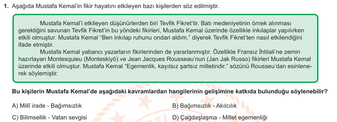 LGS Örnek Soruları Nisan 2024 Sözel T.C. İnkılap Tarihi ve Atatürkçülük 1. Soru görseli
