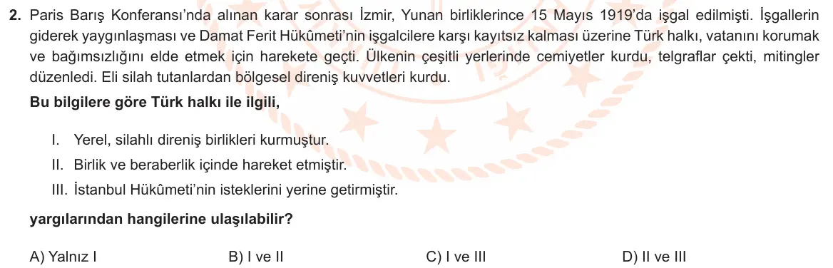 LGS Örnek Soruları Nisan 2024 Sözel T.C. İnkılap Tarihi ve Atatürkçülük 2. Soru görseli