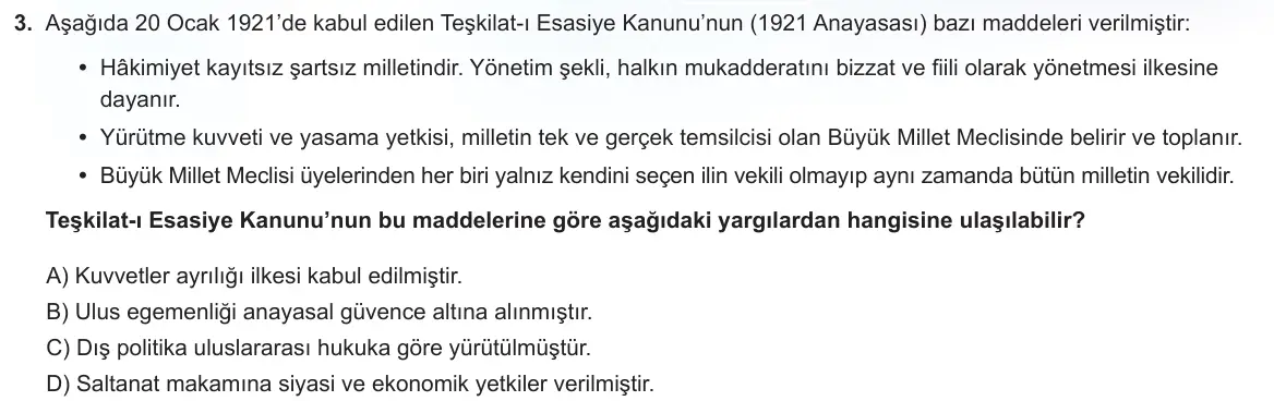 LGS Örnek Soruları Nisan 2024 Sözel T.C. İnkılap Tarihi ve Atatürkçülük 3. Soru görseli