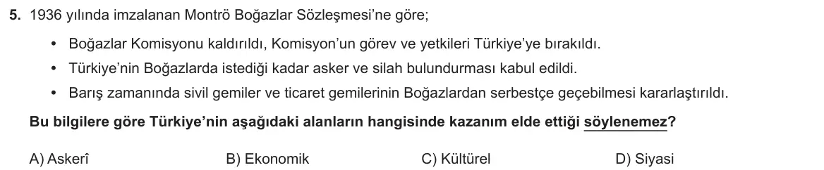 LGS Örnek Soruları Nisan 2024 Sözel T.C. İnkılap Tarihi ve Atatürkçülük 5. Soru görseli