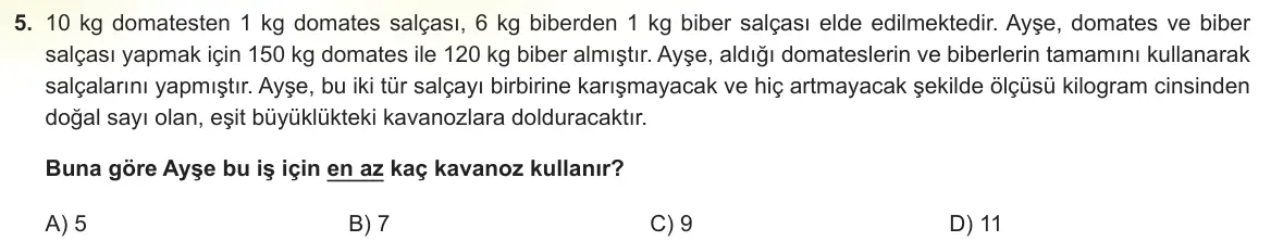 LGS Örnek Soruları Şubat 2024 Sayısal Matematik 5. Soru görseli
