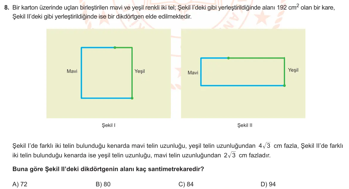 LGS Örnek Soruları Şubat 2024 Sayısal Matematik 8. Soru görseli